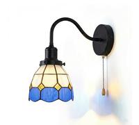 DC VOLTAGE Tiffany Style Wall Sconce Hardwired with Pull Chain, Blue & White 16cm Stained Glass Shade Wall Lamp, Vintage Gooseneck Wall Light Fixture for Bedroom Hallway