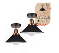 DC VOLTAGE Vintage 2 Pack Semi Flush Mount Ceiling Lighting Fixtures E27 Lamp Holder with 22cm Black Inner White Cone Shade for Kitchen Bedroom Dining Rooms Living Rooms and More