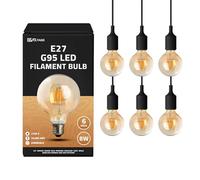 DC VOLTAGE Vintage E27 LED Bulb, Edison G95 8W Screw Globe Dimmable LED Filament Bulb, 2700K Warm White Amber Glass, Retro Old Fashioned Light Bulb, 90% Energy Saving 220V - Pack of 6