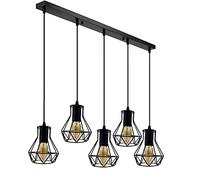 DC Voltage Vintage Light Industrial Pendant Wire Cage Shade, Lamp Black Hanging Ceiling E27 Holder Fitting with Plate for Home, Restaurants and cafes (with Bulb, 5 Head Rectangle Base)
