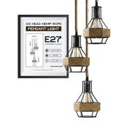 DC VOLTAGE Vintage Retro 3 Way Pendant Lamp Manila Style Hemp Rope Cage Shade Hanging Ceiling Lights with 95cm Adjustable Cable for Kitchen Island Living Room Dining Room