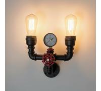 DC VOLTAGE Vintage Water Pipe Wall Sconce E27 Rustic Twin Industrial Pipe Wall Lamp Double Steampunk Sconce Rustic Up Light with Gauge Valve Tap (Style 1 - Black)