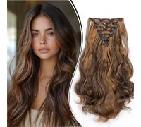 Dcbaboo Clip-In Hair Extensions, Wavy, 8 Pieces, 45 cm Hair Extensions, Clip-In Hair Extensions, Wavy Curly, Synthetic Curls, Long, Dark Brown & Auburn