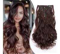 Dcbaboo Clip-In Hair Extensions, Wavy, 8 Pieces, 45 cm Hair Extensions, Clip-In Hair Extensions, Wavy Curly, Synthetic Curls, Long, Dark Brown & Chestnut Brown