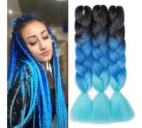 Dcbaboo Jumbo Braiding Hair Extensions 3 Packs 24 Inch Synthetic Kanekalon Ombre Afro Crochet Braids Twist Hair 300g, Black-Royal Blue-Sky Blue