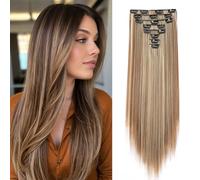 Dcbaboo Long Straight Hair Extensions Clip in 8PCS 26 inches Clip in Hair Extension Highlight Synthetic Fiber Fake Hair Pieces for Women Full Head Natural Hairpiece, Golden Brown/Bleach Blonde