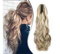 Dcbaboo Ponytail Extension Curly 18inch Claw Clip in Ponytail Hair Extensions Long Wavy Synthetic Pony tails Natural Wave One Piece Hairpiece Fake Ponytail for Women, Ash Blonde/Bleach Blonde
