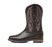 Dcbdx Classic Black Western Boots for Men - Faux Crocodile Leather with Artistic Stitching, Comfortable Square Toe Pull-on Ranch Boots,Brown,6 UK