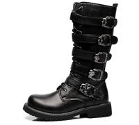Dcbdx Leather Motorcycle Long Boots with Side Zipper Men's Lace up Waterproof Biker Riding Punk Rock Western Boot with Metal Buckle,Black,9 UK