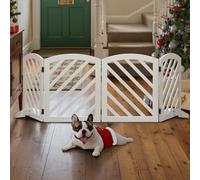 dCee Freestanding Wooden Pet Gate Extra Wide 81 in, Solid Acacia Wood Foldable Dog Gate with 4 Panels & 2 Support Legs for Doorway, Kitchen, Living Room, White, Arched Top Design