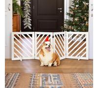 dCee Solid Acacia Wood Dog Gate, Freestanding Dog Gates Indoor Extra Wide 81 in, Foldable Pet Gate with 4 Panels & 2 Support Legs for Doorway, Kitchen, Hall, Stairs White