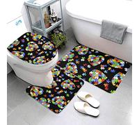 DCEHGEW Autism Awareness Puzzle Pieces Heart Printed Bath Mat Sets 3 Pcs, Non-Slip Bathroom Toilet Lid Cover Floor Mat Door Mat Bathroom Carpet U-Shaped Contour Rug Bathroom Mat Set Washable