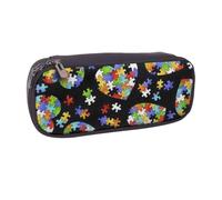 DCEHGEW Autism Awareness Puzzle Pieces Heart Prints PU Leather Pencil Case Flip-top Zipper Pen Pouch Organizer for School, Office, Travel, Personalized Gift