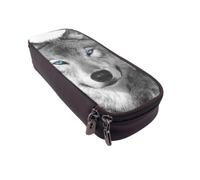 DCEHGEW Blue-Eyed Wolf Prints PU Leather Pencil Case, Flip-Top Zipper Pen Pouch Organizer for School Office Travel, Stationery Holder, Gift for Women Men Kids