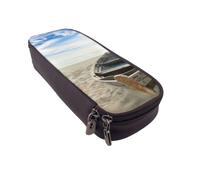 DCEHGEW Boat Beach Sunrise Time Nautical Prints PU Leather Pencil Case, Flip-Top Zipper Pen Pouch Organizer for School Office Travel, Stationery Holder, Gift for Women Men Kids