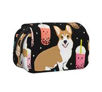 DCEHGEW Cute Corgi Pet and Milk Tea Printed Flip Pencil Case with 2 Compartments, Large Capacity, Portable Stationery Organizer for School, Travel and Art