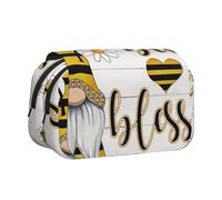 DCEHGEW Cute Gnome and Bees Printed Flip Pencil Case with 2 Compartments, Large Capacity, Portable Stationery Organizer for School, Travel and Art