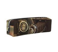 DCEHGEW Old Camera Printed Leather Pencil Case Cute Stationery Organizer Simple Makeup Bag Pen Pouch, Silver Zipper