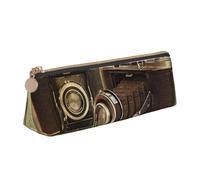 DCEHGEW Old Camera Printed Zipper Pencil Case Cute Stationery Organizer PVC Leather Triangle Makeup Bag Pen Pouch