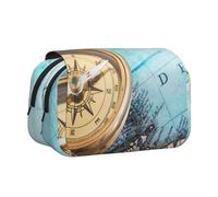 DCEHGEW Old Compass on map Printed Flip Pencil Case with 2 Compartments, Large Capacity, Portable Stationery Organizer for School, Travel and Art