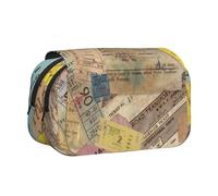 DCEHGEW Old Tickets Printed Flip Pencil Case with 2 Compartments, Large Capacity, Portable Stationery Organizer for School, Travel and Art