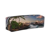 DCEHGEW Palm Trees Clouds Tropical Coast Printed Leather Pencil Case Cute Stationery Organizer Simple Makeup Bag Pen Pouch, Silver Zipper
