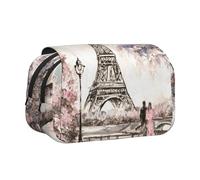 DCEHGEW Paris Street Eiffel Tower Pink Floral Printed Flip Pencil Case with 2 Compartments, Large Capacity, Portable Stationery Organizer for School, Travel and Art