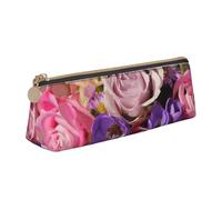 DCEHGEW Pink and Purple Flowers Printed Zipper Pencil Case Cute Stationery Organizer PVC Leather Triangle Makeup Bag Pen Pouch