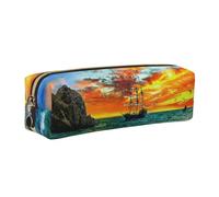 DCEHGEW Pirate Ship in the Sunset Printed Leather Pencil Case Cute Stationery Organizer Simple Makeup Bag Pen Pouch, Gold Zipper