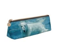 DCEHGEW Polar Bear Swimming Printed Zipper Pencil Case Cute Stationery Organizer PVC Leather Triangle Makeup Bag Pen Pouch