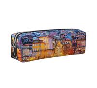 DCEHGEW Porto Old City Historical Twilight Scenery Printed Leather Pencil Case Cute Stationery Organizer Simple Makeup Bag Pen Pouch, Silver Zipper