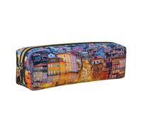 DCEHGEW Porto Old City Historical Twilight Scenery Printed Leather Pencil Case Cute Stationery Organizer Simple Makeup Bag Pen Pouch, Gold Zipper