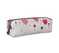 DCEHGEW Red Hearts on White Brick Wall Printed Leather Pencil Case Cute Stationery Organizer Simple Makeup Bag Pen Pouch, Silver Zipper