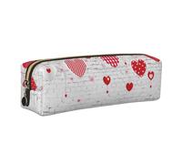 DCEHGEW Red Hearts on White Brick Wall Printed Leather Pencil Case Cute Stationery Organizer Simple Makeup Bag Pen Pouch, Gold Zipper