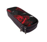 DCEHGEW Red Rose Prints PU Leather Pencil Case, Flip-Top Zipper Pen Pouch Organizer for School Office Travel, Stationery Holder, Gift for Women Men Kids
