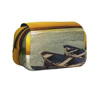 DCEHGEW River Sunset Wooden Boat Printed Flip Pencil Case with 2 Compartments, Large Capacity, Portable Stationery Organizer for School, Travel and Art