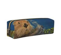 DCEHGEW Sea Otter Printed Leather Pencil Case Cute Stationery Organizer Simple Makeup Bag Pen Pouch, Gold Zipper