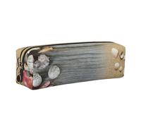 DCEHGEW Seashells on Wooden Board Printed Leather Pencil Case Cute Stationery Organizer Simple Makeup Bag Pen Pouch, Gold Zipper