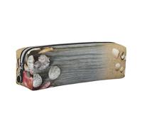 DCEHGEW Seashells on Wooden Board Printed Leather Pencil Case Cute Stationery Organizer Simple Makeup Bag Pen Pouch, Silver Zipper