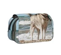 DCEHGEW Siberian Husky at the Beach Printed Flip Pencil Case with 2 Compartments, Large Capacity, Portable Stationery Organizer for School, Travel and Art