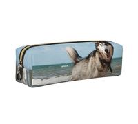 DCEHGEW Siberian Husky at the Beach Printed Leather Pencil Case Cute Stationery Organizer Simple Makeup Bag Pen Pouch, Gold Zipper
