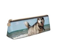 DCEHGEW Siberian Husky at the Beach Printed Zipper Pencil Case Cute Stationery Organizer PVC Leather Triangle Makeup Bag Pen Pouch