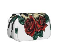 DCEHGEW Skull Romantic Roses Printed Flip Pencil Case with 2 Compartments, Large Capacity, Portable Stationery Organizer for School, Travel and Art