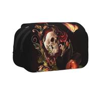 DCEHGEW Skulls and Butterfly Printed Flip Pencil Case with 2 Compartments, Large Capacity, Portable Stationery Organizer for School, Travel and Art