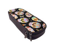 DCEHGEW Sugar Skulls Butterfly Prints PU Leather Pencil Case, Flip-Top Zipper Pen Pouch Organizer for School Office Travel, Stationery Holder, Gift for Women Men Kids
