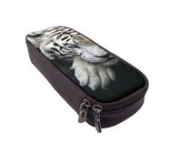 DCEHGEW Tiger Lie On Rock Prints PU Leather Pencil Case, Flip-Top Zipper Pen Pouch Organizer for School Office Travel, Stationery Holder, Gift for Women Men Kids