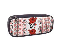 DCEHGEW Ukrainian Embroidery Style Rose Prints PU Leather Pencil Case Flip-top Zipper Pen Pouch Organizer for School, Office, Travel, Personalized Gift