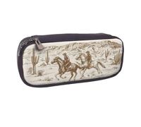 DCEHGEW West Desert with Cowboys Riding Horses Prints PU Leather Pencil Case Flip-top Zipper Pen Pouch Organizer for School, Office, Travel, Personalized Gift