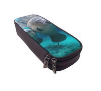 DCEHGEW West Indian Manatees Prints PU Leather Pencil Case, Flip-Top Zipper Pen Pouch Organizer for School Office Travel, Stationery Holder, Gift for Women Men Kids