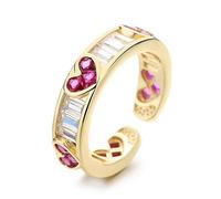 DCFSHEE Cubic Zirconia Baguette Red Heart-Shape Open Adjustable Ring Crystal Princess Cut Rectangle Stacking Statement Finger Cuffs Eternity Bands Rings for Her (Gold)